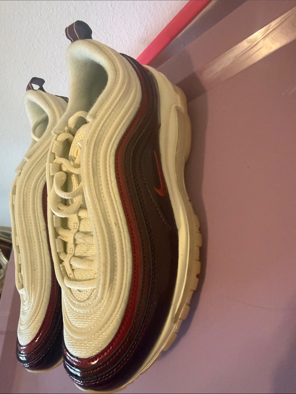 Nike Air Max 97 Sneakers - Cream & Burgundy with Red Swoosh - Picture 3 of 4